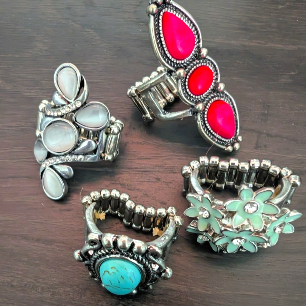 Silver and Blue Statement Ring Set. Set of 10.